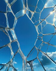bright blue sky and scattered clouds seen through jagged shattered glass with a large central hole, sunlight glinting on sharp shards, a contrast of serenity and fragile tension
