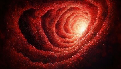 glowing red spiral tunnel of clustered rounded beads and cellular bubbles, organic textured vortex opening to bright light, evoking intense mysterious dramatic depth