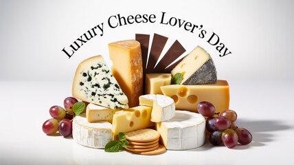 A delightful assortment of gourmet cheeses grapes and crackers on a white surface