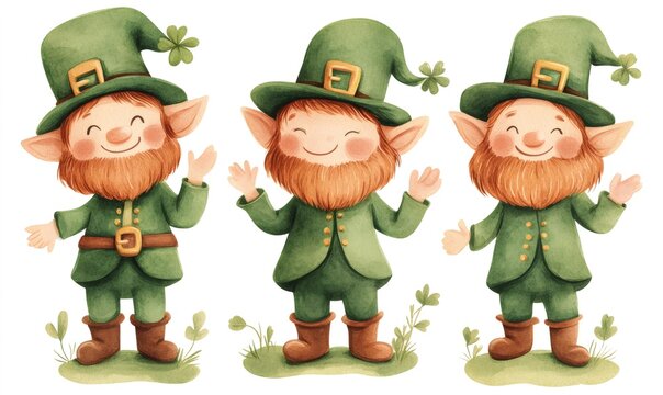 Watercolor illustration featuring a group of smiling leprechauns wearing green hats and clothes, standing on grass with lucky clovers