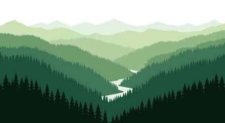 Naklejka premium Scenic illustration of layered green mountains with a winding river and dense pine forest in the foreground.