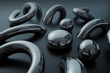 3D Chrome Abstract Metal Sculptures Curved Shiny Modern Art Design Elements
