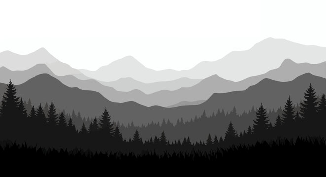 Monochrome illustration of layered mountain landscape with pine trees and misty atmosphere.