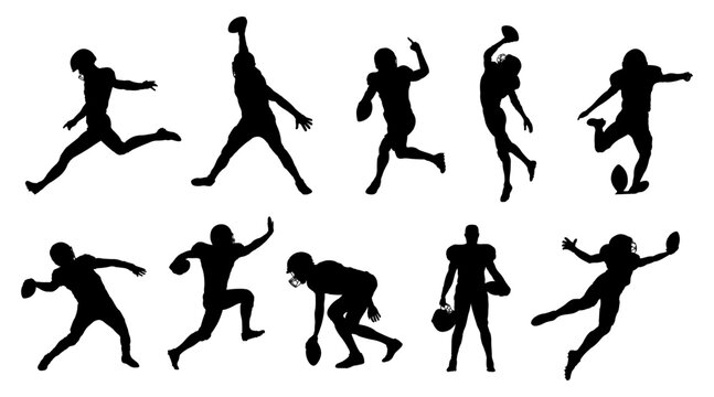Collection of American football player silhouette vectors, American football player silhouettes on white background