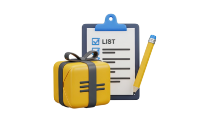 Gift Box, Clipboard with List, and Pencil