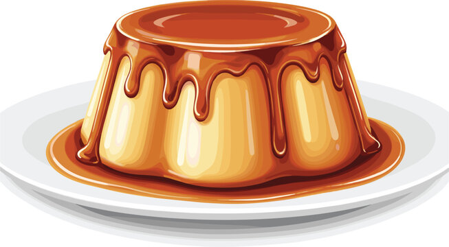 Gourmet Caramel Custard Pudding Vector Illustration With Rich Amber Syrup Glaze On A White Plate For Dessert Menus