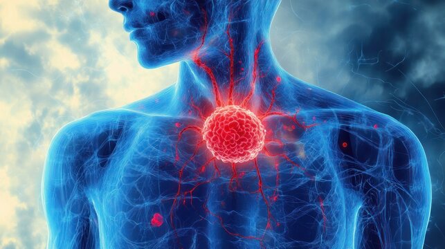 Translucent blue upper torso and neck profile with a glowing red tumor in the center of the chest and branching blood vessels, conveying alarm and medical urgency