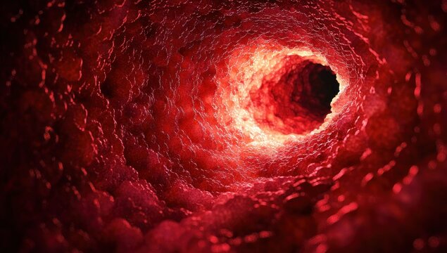 glowing red organic tunnel with bumpy textured walls leading to a dark central opening, intense mysterious and claustrophobic atmosphere