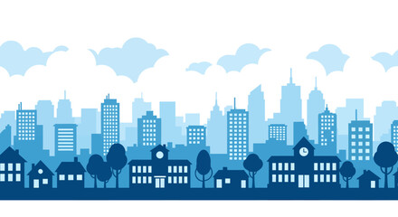 Obraz premium Illustration of a modern city skyline with various buildings, trees, and clouds in the background.