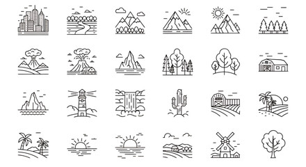 Set of minimal linear icons representing various natural and man-made landscapes and environments.
