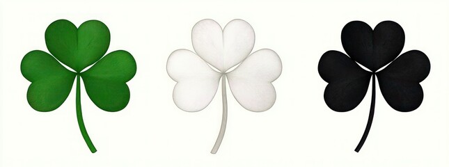 Fototapeta premium Three stylized four-leaf clovers in green, white and black on a pale background, a minimal balanced composition evoking calm and symmetry