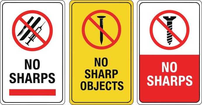 Safety signs prohibiting sharps objects and medical waste no needles caution warning vector