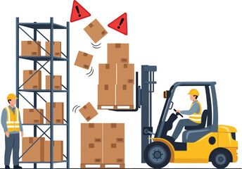 Forklift operator working safely in warehouse moving cargo boxes stacked high vector © Elizabeth