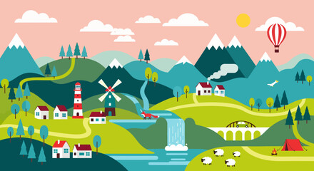 Colorful countryside landscape with mountains, river, windmill, and village houses on a sunny day.