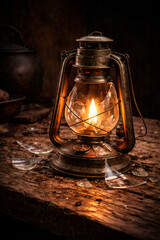 broken oil lamp on the old table