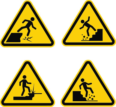 Set of 4 yellow warning signs falling hazard danger safety alert symbols vector