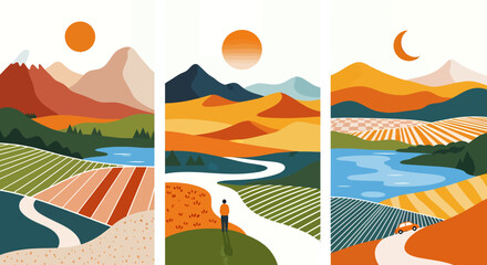 Obraz premium Colorful abstract landscape illustration with mountains, rivers, fields, and a person enjoying nature.