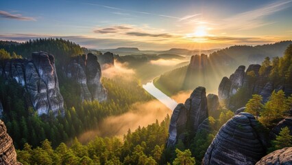 Misty Mountain Landscape at Sunrise with Rocks and Trees.