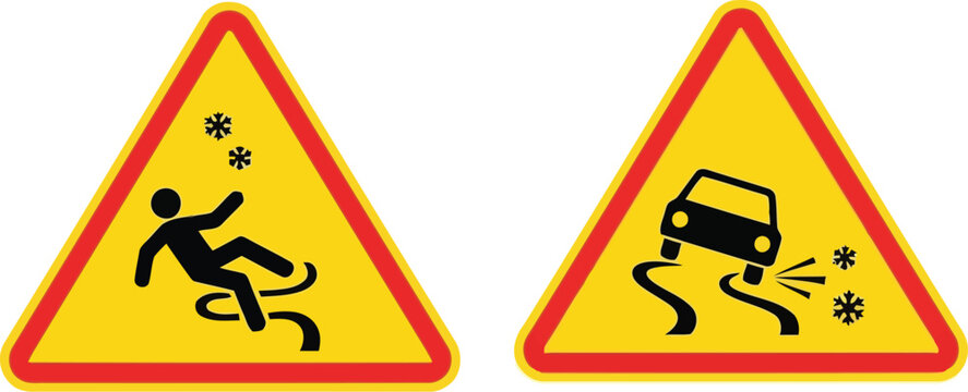 Cautionary road safety signs slippery surface person falling vehicle skidding hazard warning vector