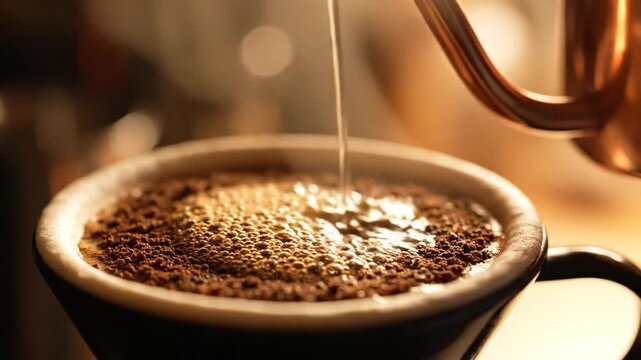 Pouring steaming hot coffee into a dark ceramic cup.