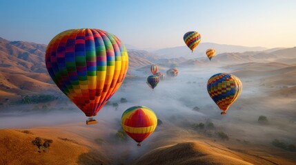 Obraz premium Colorful Hot Air Balloons Rise Over a Scenic Valley at Dawn, Capturing the Joy of a Festival in the Sky