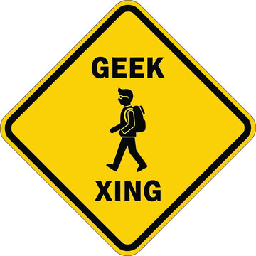Geek xing traffic sign person walking with backpack yellow diamond symbol vector