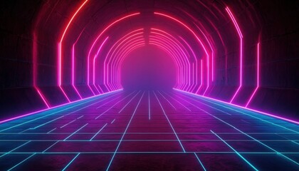 Fototapeta premium Futuristic tunnel with vibrant neon lights in pink and blue illuminating dark walls and floor grid, creating a glowing, immersive electronic atmosphere