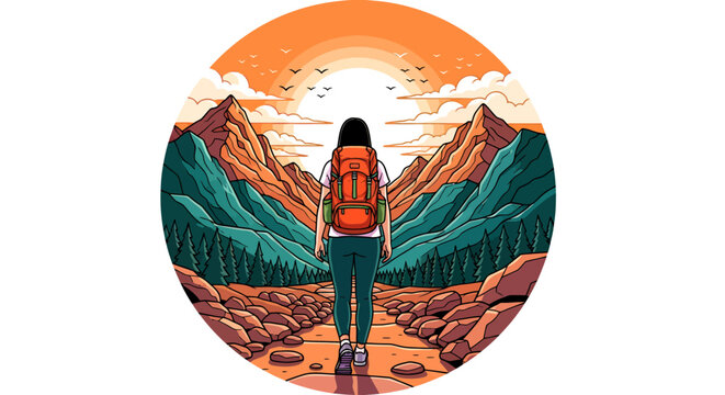 Illustration of a hiker with backpack walking on a rocky mountain trail at sunrise.