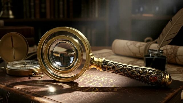 Antique magnifying glass with ornate handle on vintage desk in warm sunlight.