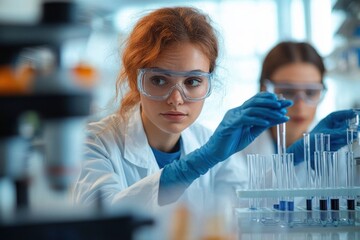 two focused laboratory scientists in white coats and blue gloves handling test tubes and pipette in a concentrated collaborative research setting