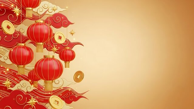 Vibrant Chinese New Year background with traditional red lanterns, golden coins, and auspicious clouds on a warm gradient.