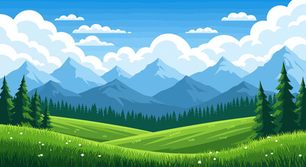 Fototapeta premium Sunny mountain landscape with green meadows, pine trees, and blue sky with clouds.