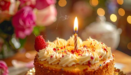 Festive birthday cake topped with creamy frosting, a lit candle, and colorful sprinkles, perfect for celebrating a special occasion with a sweet treat