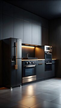 Modern kitchen appliances stand alone against a backdrop of sleek black cabinets in an empty space