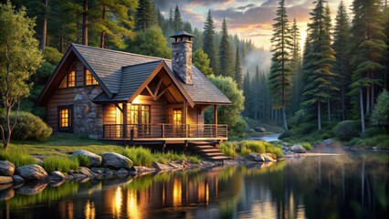 Cozy Scandinavian retreat surrounded by lush forest and serene waters, featuring a rustic cabin with a warm wooden sauna and natural stone chimney