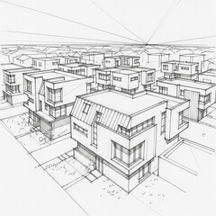 Fototapeta premium Detailed architectural perspective sketch illustrating a modern residential neighborhood, featuring contemporary housing designs and innovative urban planning concepts