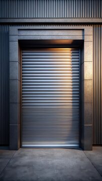 Steel shutters closed on a modern garage door, revealing a sleek steel roll shutter