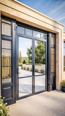 Fototapeta premium Grand Estates Dramatic Entrance with Black Aluminum Swing Doors and Lush Nature Views