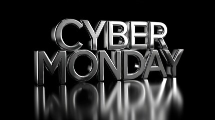 A sleek, reflective 3D text displaying "CYBER MONDAY," set against a dark background, emphasizing a modern shopping event.