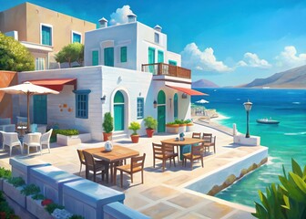 Opa Authentic Greek seaside taverna with turquoise waters and whitewashed buildings