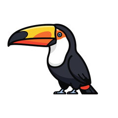 Fototapeta premium A vibrant Toco toucan with a colorful orange beak and black feathers is isolated on a white background, representing exotic tropical wildlife from the Brazilian rainforest jungle