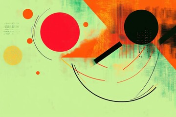 Obraz premium Abstract composition with large red and black circles, small orange dots, and geometric lines on a light green and orange textured background evoking dynamic motion