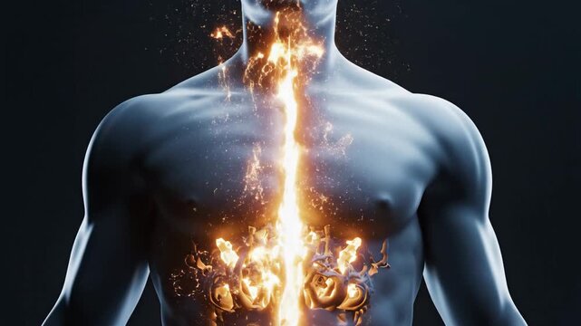 Fire burning inside human torso anatomy.