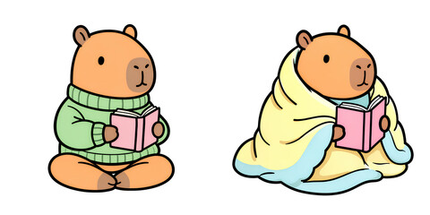 Fototapeta premium Cozy capybara cute capybara reading book warm sweater soft blanket vector illustration chubby style pastel color kawaii animal sitting pose