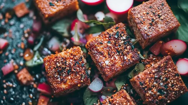 Cooked soybean curd cubes seasoned with seeds resting on salad ingredients