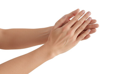 Pair of Caucasian hands clapping isolated on white background