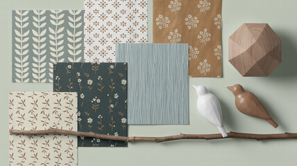 Organic patterns and decorative birds showcase a serene, nature-inspired design collection