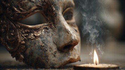 Masked figure blowing out a candle, cinematic lighting with volumetric shadows, dramatic wide angle scene, detailed and mysterious atmosphere