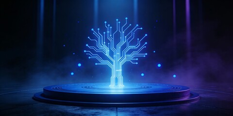 A glowing blue digital circuit tree on a futuristic podium, with neon lights and abstract digital elements, symbolizing technology and innovation in a sci-fi setting.