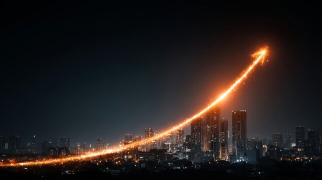 Abstract upward arrow made of light over modern city skyline, business growth and economic success concept